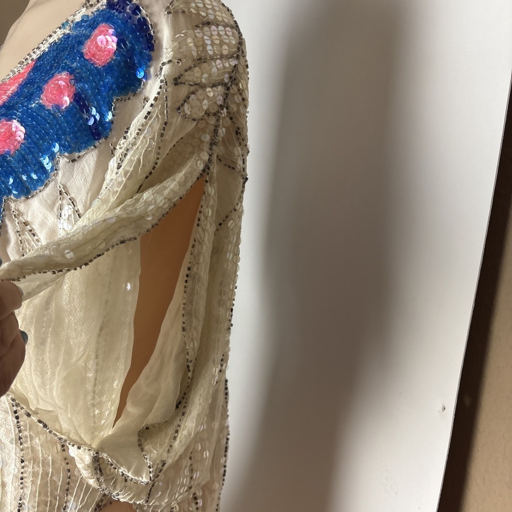 Vintage Butterfly Beaded & Sequins Queen Top Made In India Party Shirt Silk M/L - Picture 4 of 13